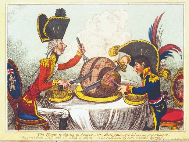 Caricatura de James Gillray de 1805 que muestra al primer ministro británico William Pitt y Napoleón Bonaparte dividiéndose el mundo entre ellos .jpg