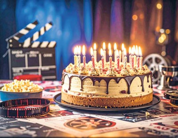 Firefly_un pastel con mucha velas encendidas sobre una mesa con mantel de carteles de peli╠ücul 53325.jpg